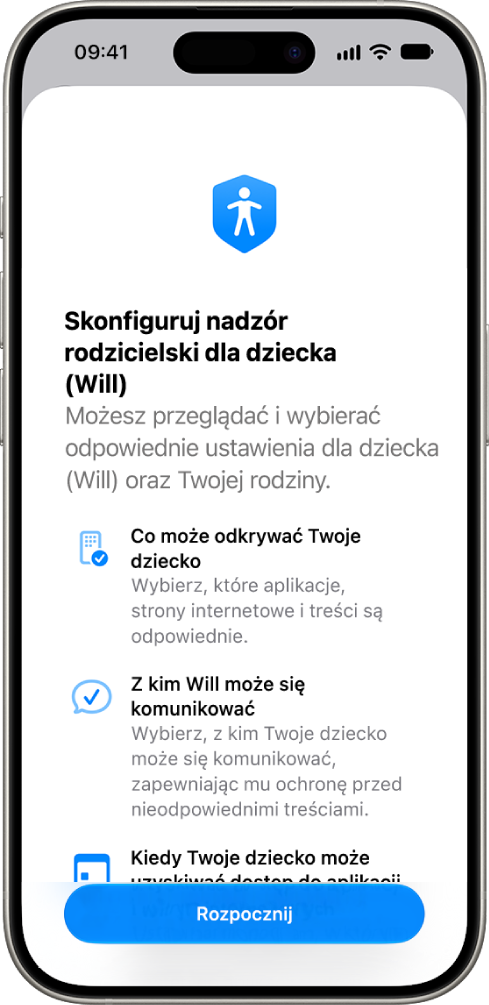 Ekran konfiguracji nadzoru rodzicielskiego z&nbsp;opcjami rozpoczęcia.