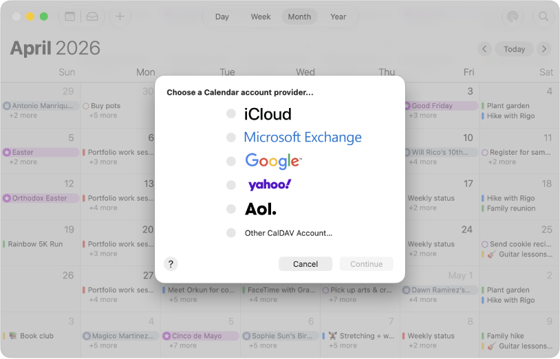 A Calendar window showing the account dialog.