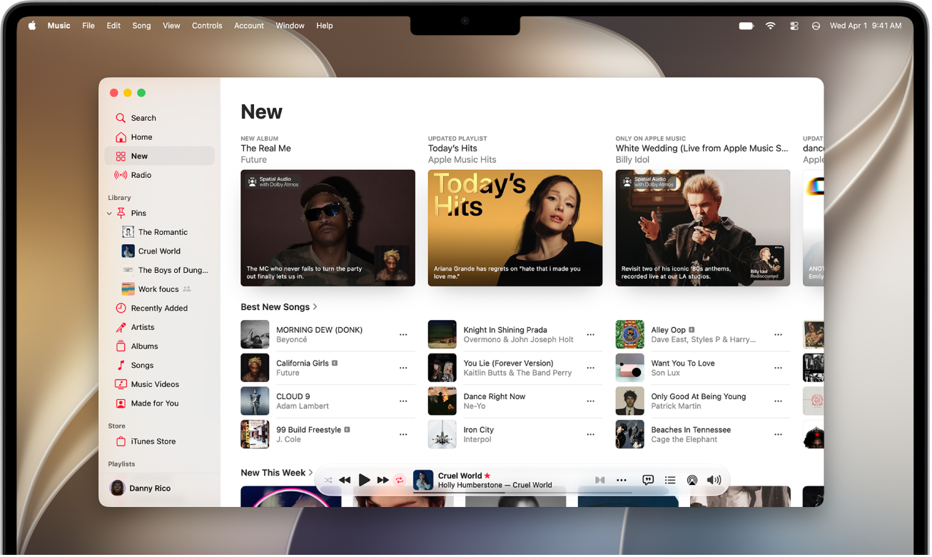 The Apple Music window showing the latest songs and soundtracks.