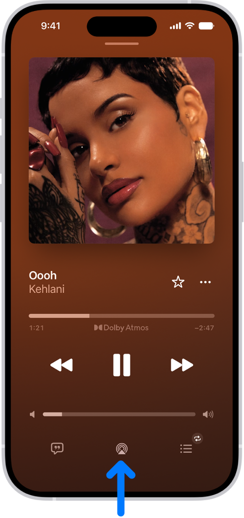 The playback controls for Music, including the Playback Destination button at the bottom of the screen.