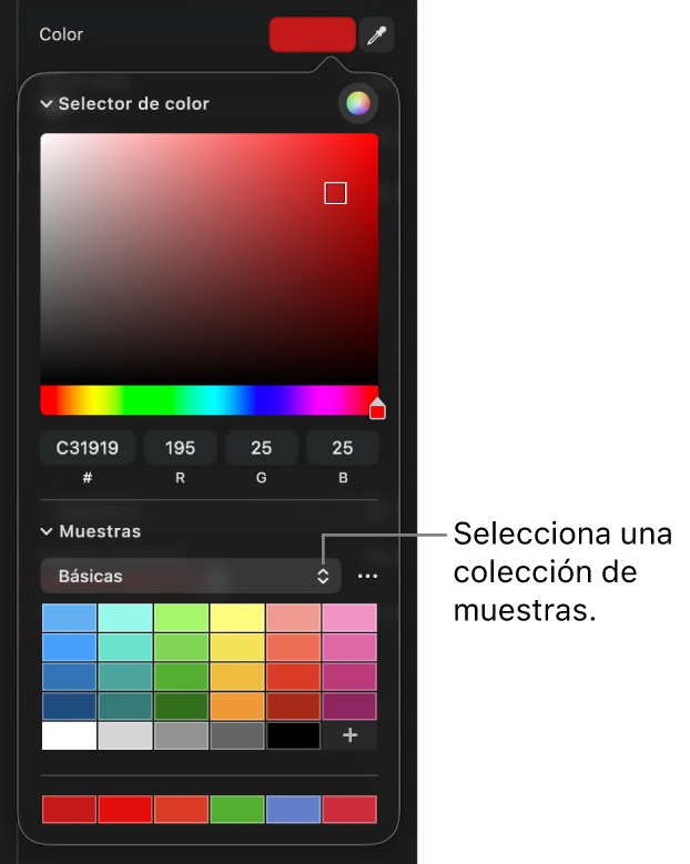 El selector de colores, con el menú desplegable de la colección de muestras.