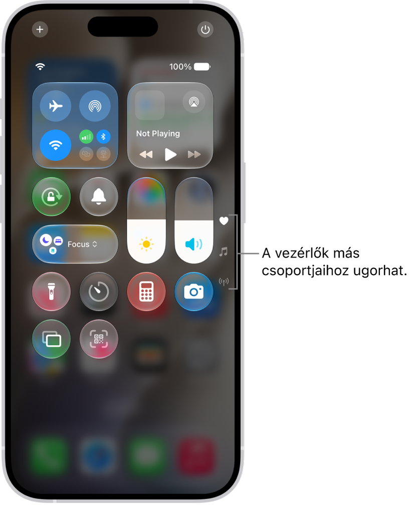 Egy iPhone képernyőjén a Vezérlőközpont van megnyitva. A jobb oldalon ikonok láthatók, amelyekkel a vezérlők más csoportjait tekintheti meg.