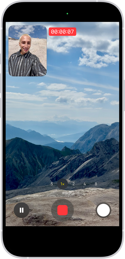 The Camera in Video mode recording a Dual Capture video. A window in the top-left of the frame displays what the front-facing camera is recording, and the rest of the frame displays what the back camera is recording.