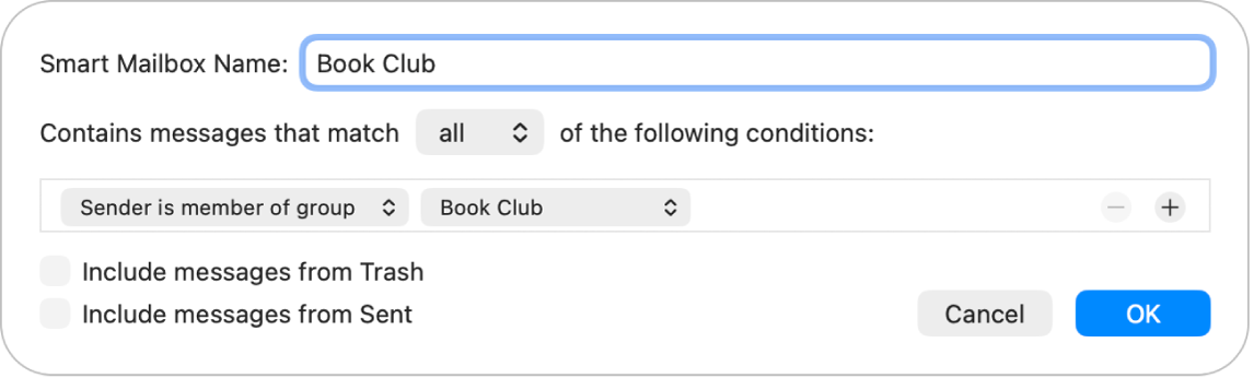 The Smart Mailbox window showing criteria for a group named “Book club.” The group has two conditions. The first condition is “Sender is member of group.” The second condition is “Book club.”