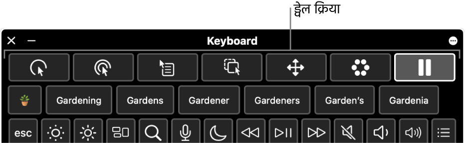 ऐक्सेसिबिलिटी कीबोर्ड के शीर्ष पर स्थित क्रिया बटन मौजूद हैं।