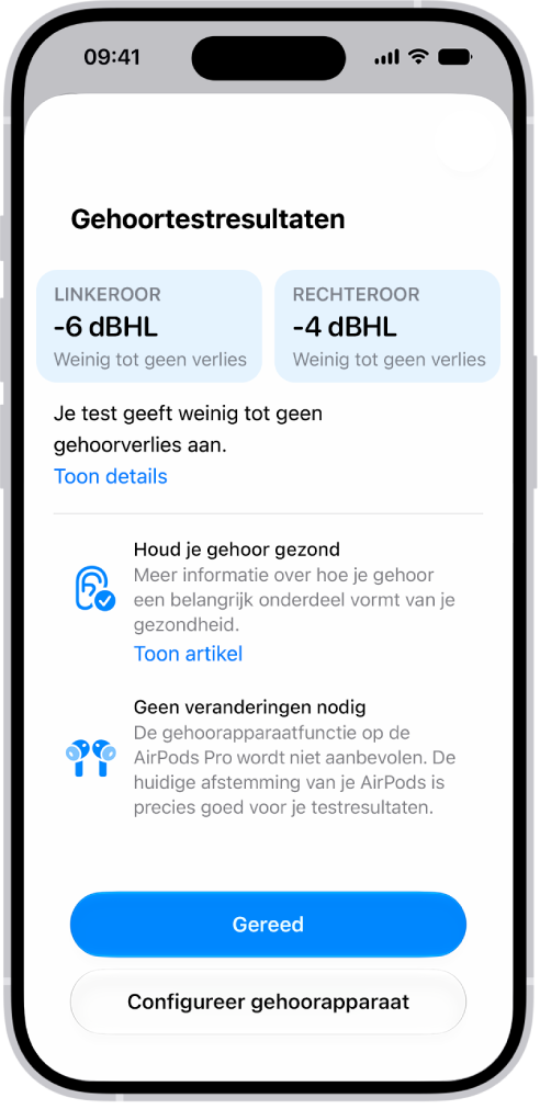 Gehoortestresultaten op een iPhone waarop te zien is dat er in beide oren sprake is van weinig tot geen gehoorverlies. Onderin staan de knoppen 'Gereed' en 'Configureer gehoorapparaat'.