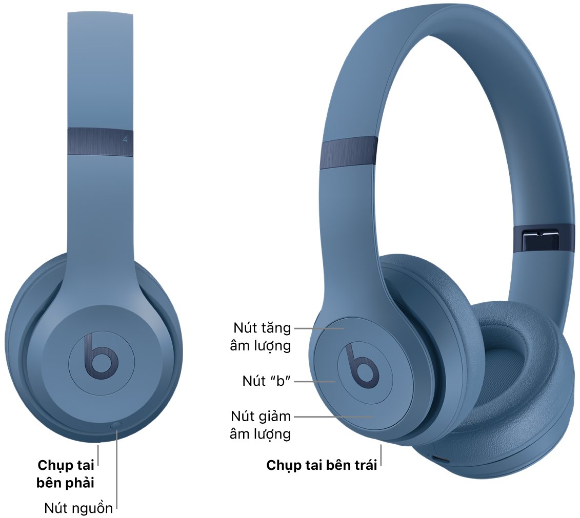 Hình ảnh của Beats&nbsp;Solo&nbsp;4 đang hiển thị vị trí của nút nguồn trên chụp tai bên phải, cũng như vị trí của nút “b”, nút tăng âm lượng và nút giảm âm lượng trên chụp tai bên trái.