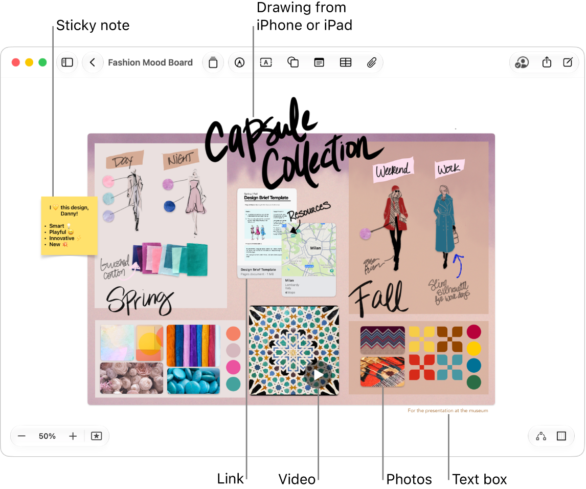 A Freeform board with various items, such as a drawing from an iPhone or iPad, a sticky note, a link, a text box, a video and several photos.