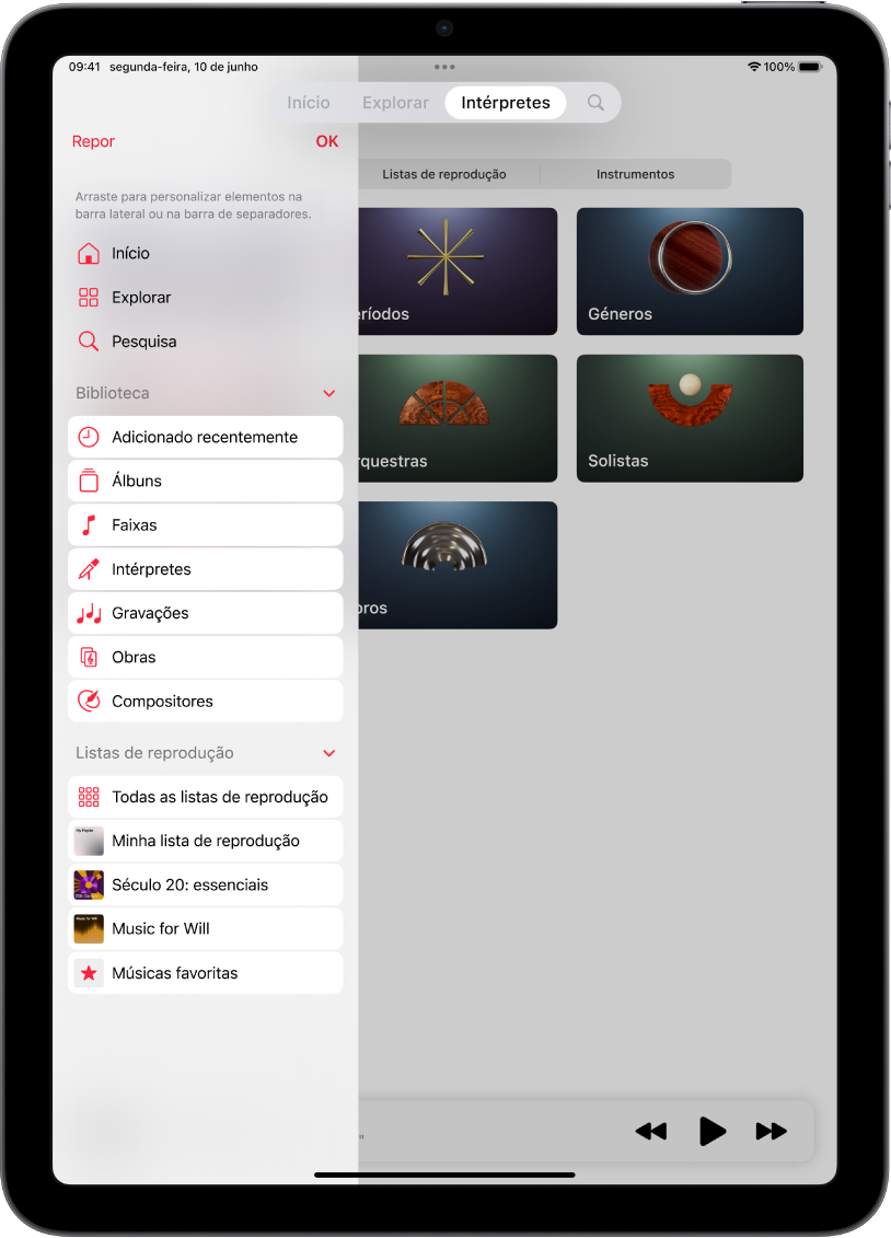 iPad na vertical a mostrar opções para editar a barra lateral à esquerda e a barra de separadores na parte superior do ecrã.
