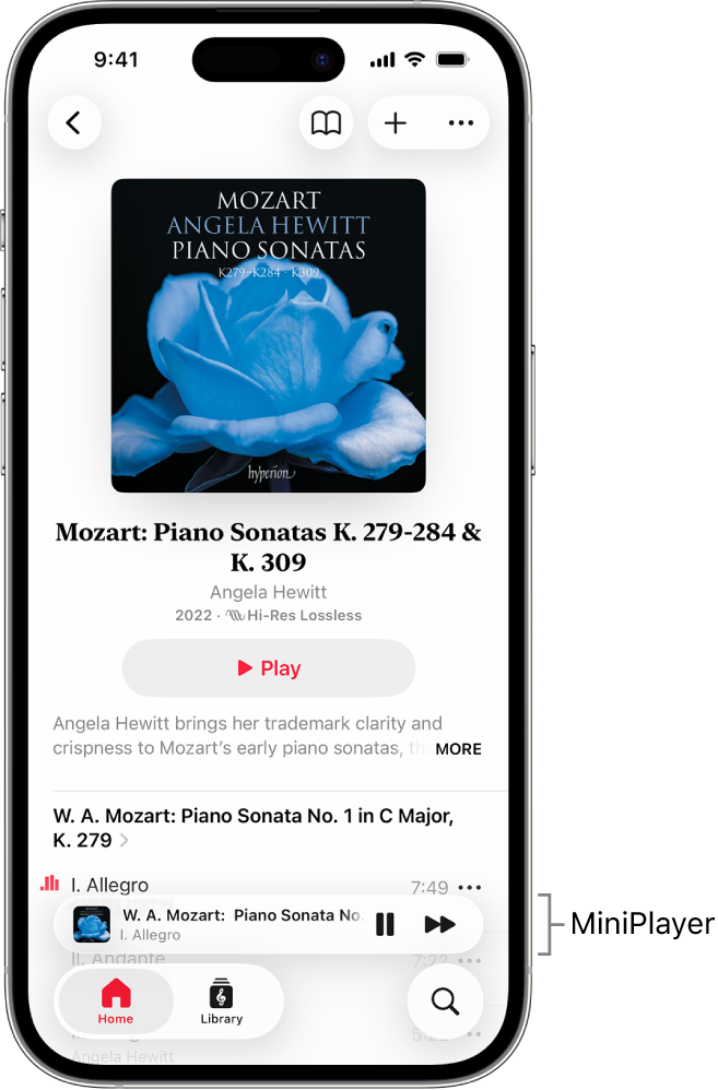 iPhone prikazuje MiniPlayer u aplikaciji Apple Music Classical. Pri vrhu zaslona nalazi se omot albuma, naziv djela i tipka Play. MiniPlayer je pri dnu zaslona. Ispod MiniPlayera nalaze se tipke Home, Browse, Libary i Search.
