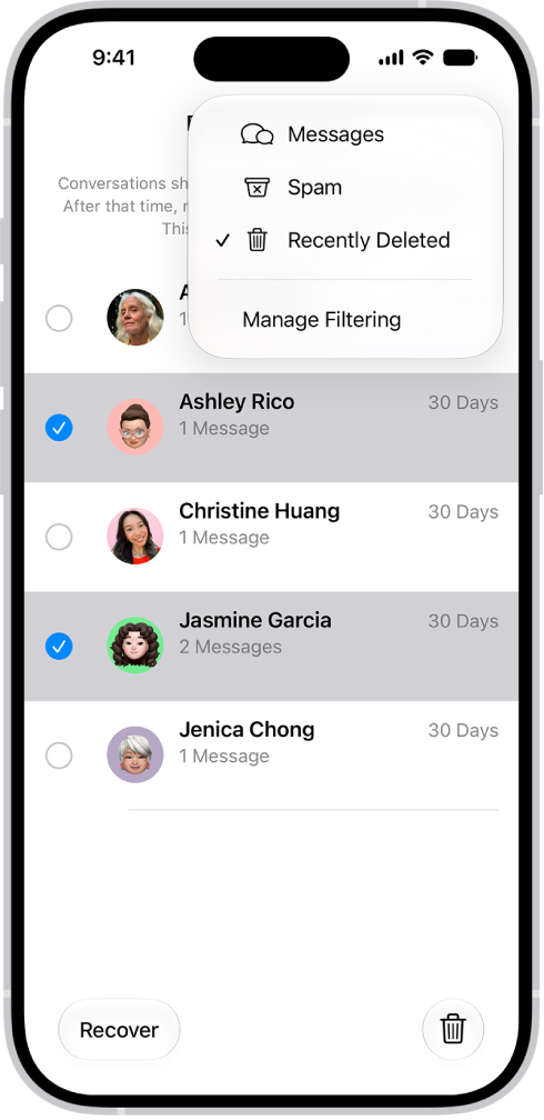 Une liste de messages supprimés récemment avec deux conversations sélectionnées et deux options disponibles en bas de l’écran&nbsp;: Récupérer et «&nbsp;Supprimer définitivement&nbsp;».
