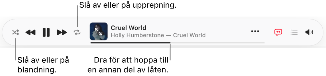 Överkanten av Apple Music med en låt som spelas upp. Uppspelningsreglagen finns längst till vänster.
