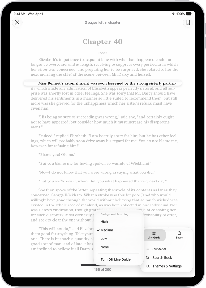 A page of a book in the Books app. A single line of text is highlighted and the rest of the text is dimmed. In the bottom-left corner of the screen is the Line Guide Menu button.