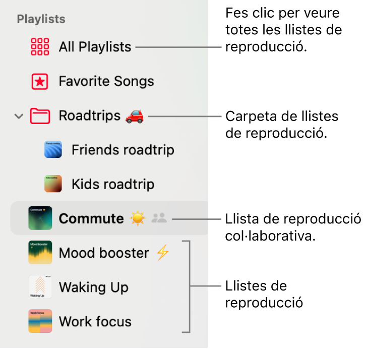 La barra lateral de l’app Música mostra una carpeta de llistes de reproducció i els diferents tipus de llistes de reproducció: Llistes de les cançons favorites, col·laboratives i altres. Fes clic a “Totes les llistes de reproducció” per veure‑les totes.