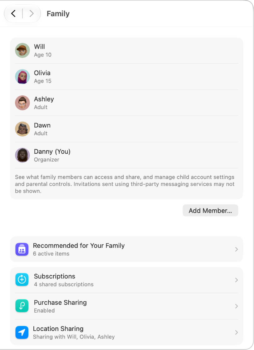 Family settings showing a list of family members for an existing account and different types of account options you can use with Family Sharing.