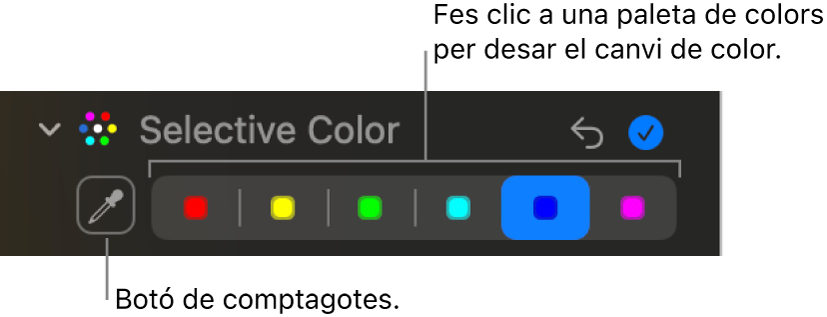 Els controls “Color selectiu” del tauler “Ajusta” amb el botó de comptagotes i mostres de color.