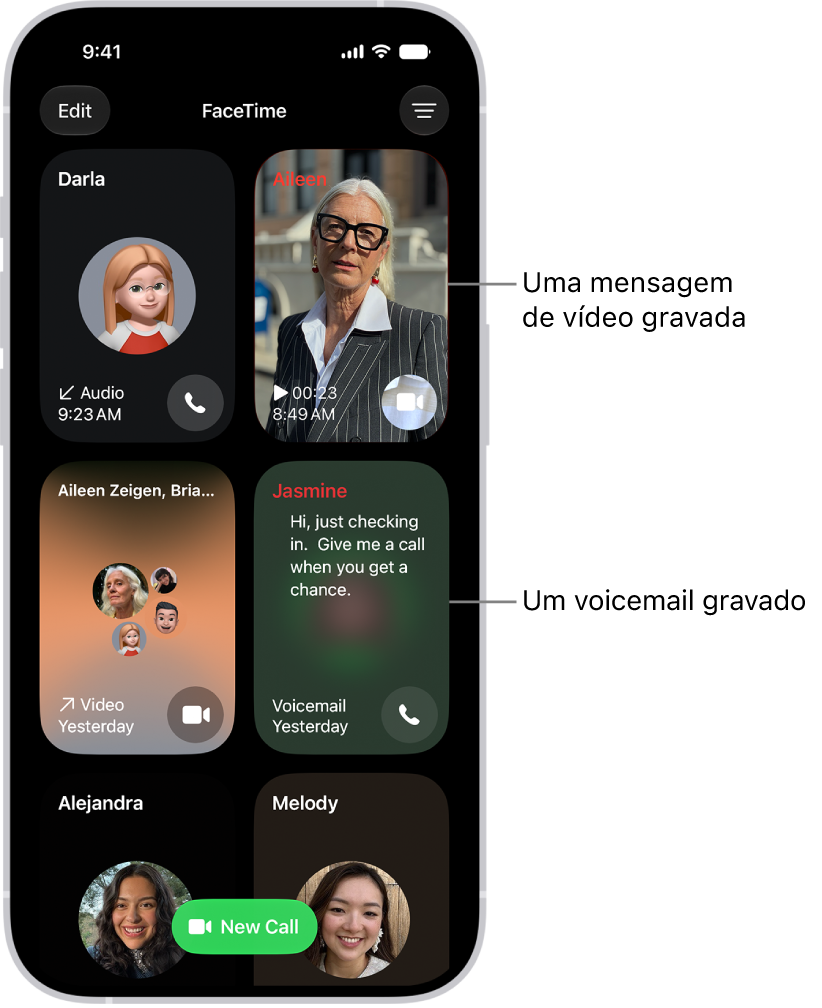 O histórico de ligações do FaceTime, mostrando um contato sugerido, uma mensagem de vídeo gravada, um correio de voz e uma ligação de vídeo do FaceTime.