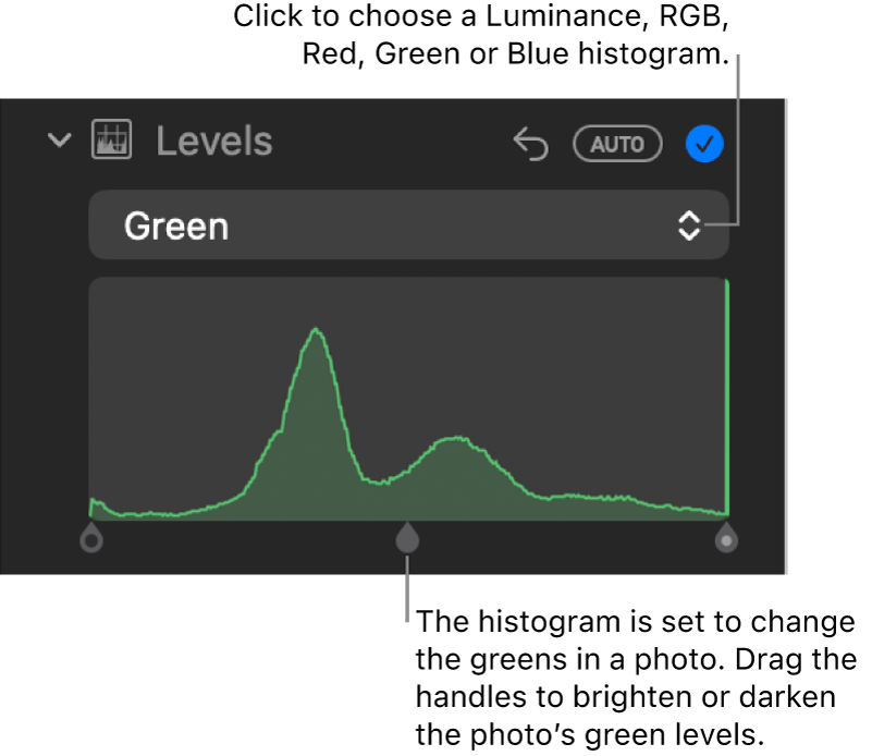 The Levels controls in the Adjust pane, showing the Red histogram with handles below for adjusting the photo’s red levels.