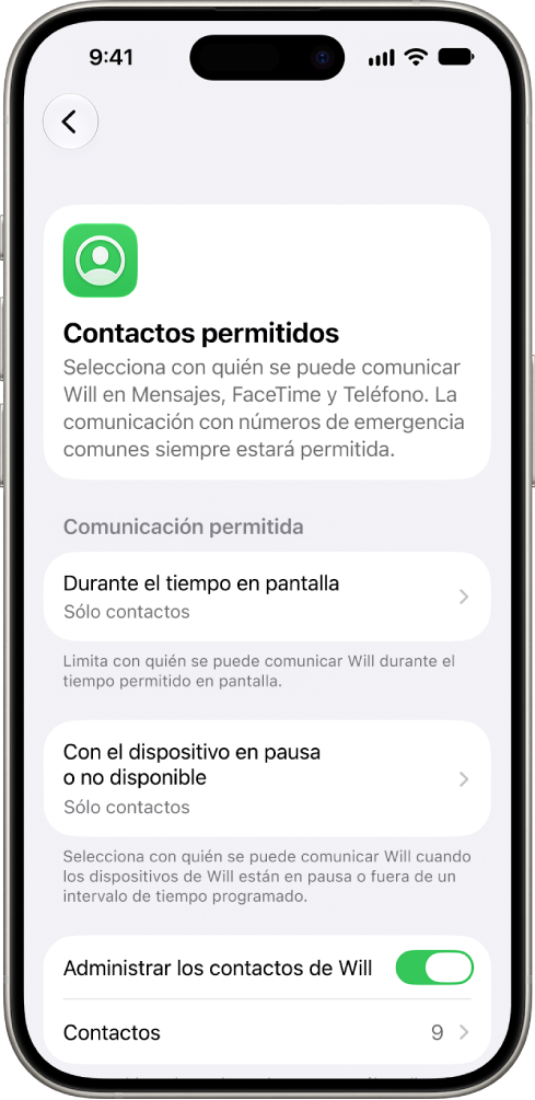 La pantalla Contactos permitidos en la configuración de Tiempo en pantalla, que muestra opciones para la comunicación autorizada durante el tiempo en pantalla, la comunicación autorizada cuando los dispositivos están pausados y la administración de contactos.