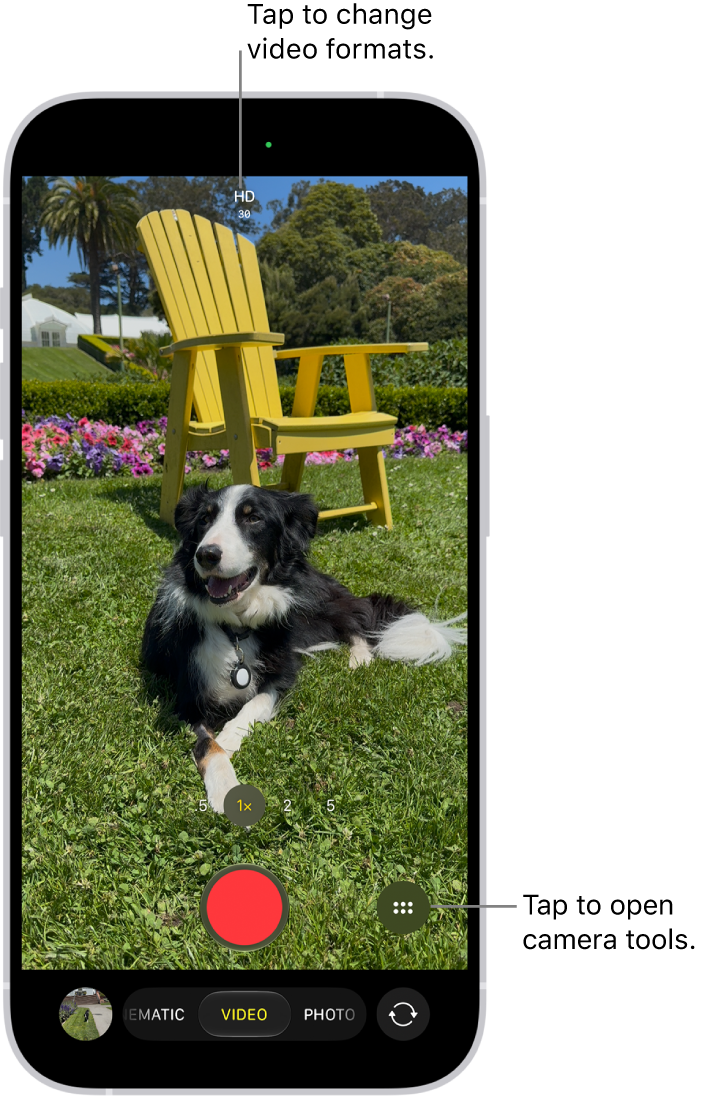 The Camera in Video mode. The Camera Controls button is in the top-right corner and the video format buttons are in the top-left corner. The Photo and Video Viewer button is in the bottom-left corner. The Record button is at the bottom center, and the Camera Chooser Back-Facing button is in the bottom-right corner.