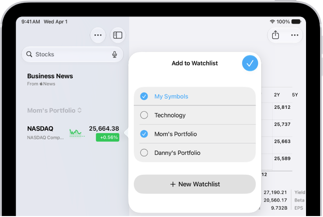 A list of customized watchlists in the Stocks app: My Symbols, Mom’s Portfolio, Sustainability, and Entertainment.