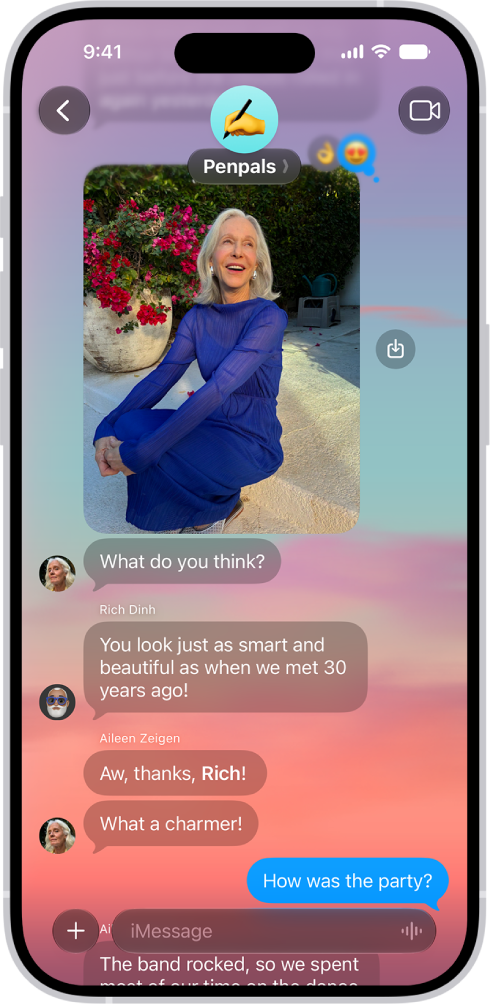 A Messages conversation with a background.