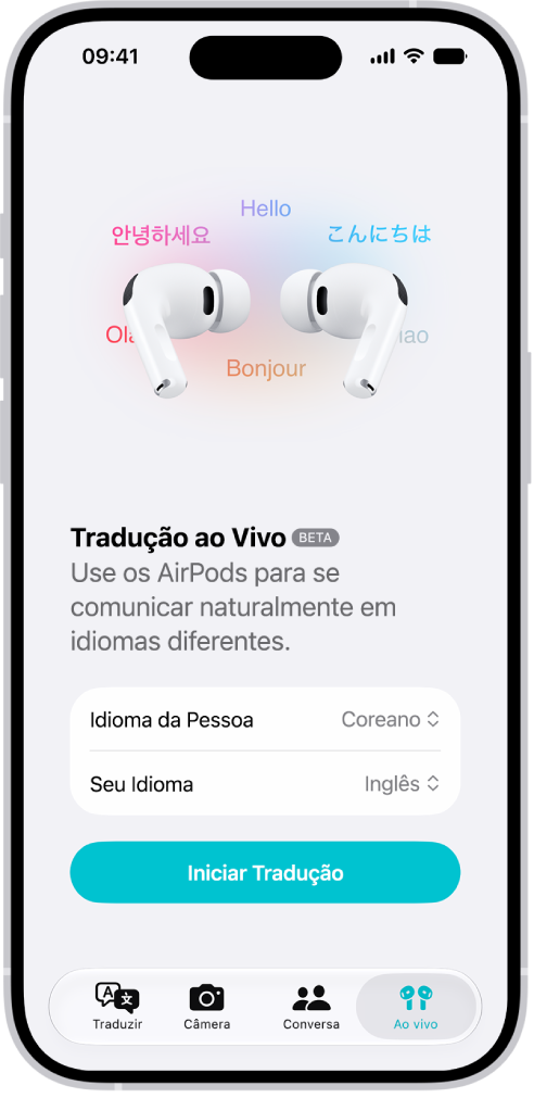 O app Traduzir no iPhone mostrando a tela Tradução ao Vivo. A tela apresenta dois menus pop-up, para escolha do idioma da outra pessoa e do seu idioma, e um botão para iniciar a Tradução ao Vivo.