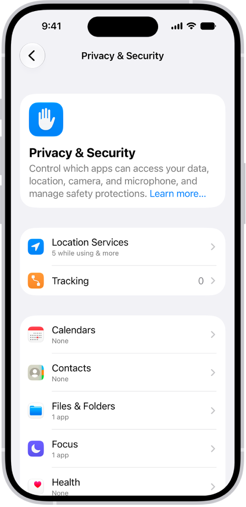 The Privacy & Security screen in Settings.