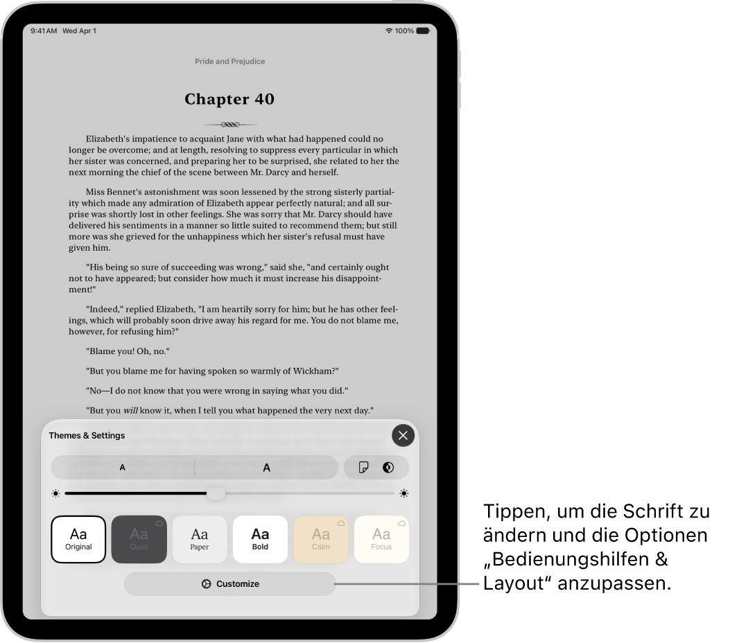 Eine Buchseite in der App „Bücher“. Die Optionen „Themen & Einstellungen“ mit Steuerelementen für Schriftgröße, Scrollansicht, Stil zum Umblättern, Helligkeit sowie Schriftoptionen.