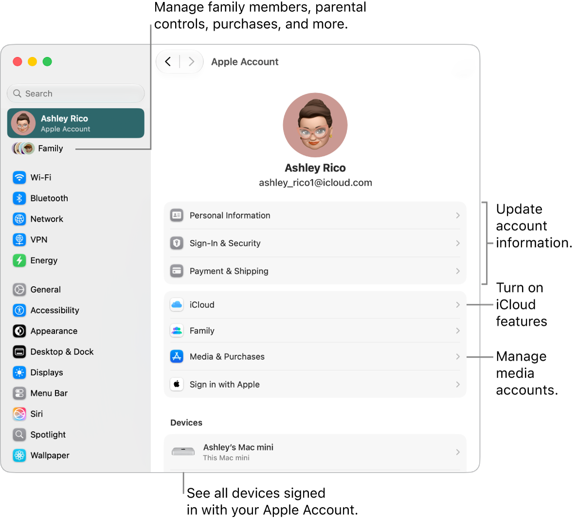 The Apple Account settings in System Settings with callouts to update account information, turn iCloud features on or off, manage media accounts, and adjust Family settings, where you can manage family members, parental controls, purchases, and more.