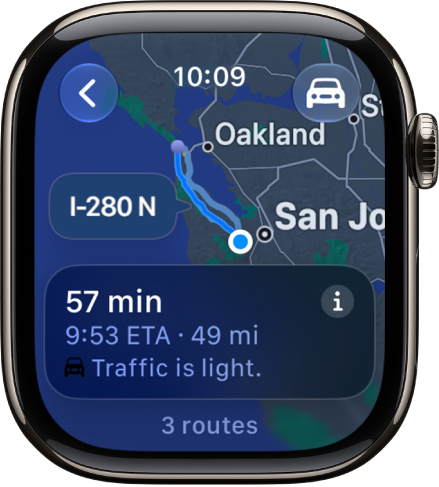The Maps app showing an overview of driving directions. The first leg of the trip is shown at the bottom.