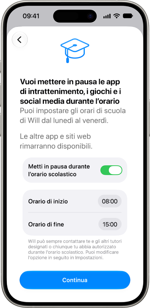 La schermata dei controlli parentali mostra gli orari in cui l’uso dei dispositivi dovrebbe essere messo in pausa durante le ore scolastiche.