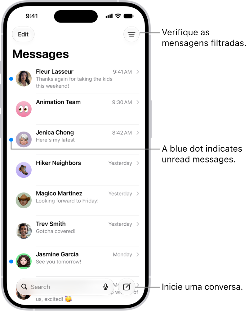 Lista de conversas no app Mensagens, com o botão Redigir na parte inferior direita. Um ponto azul à esquerda de uma mensagem significa que ela não foi lida.