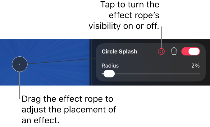 An effects rope shown in the canvas, alongside its activation button in the Effects pane.