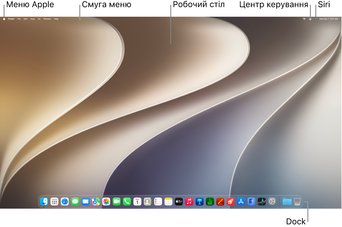 Робочий стіл Mac, на якому смуга меню знаходиться вгорі екрана, а панель Dock внизу.
