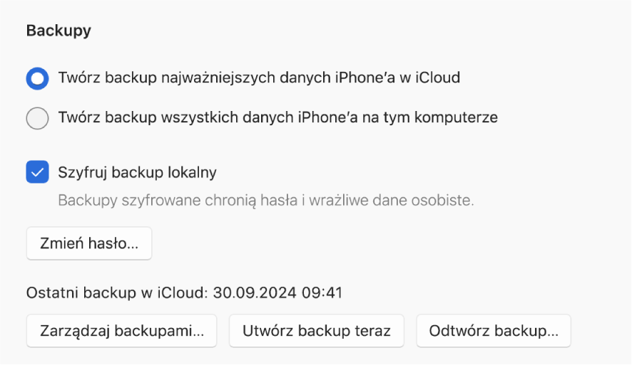 Opcje tworzenia backupu danych urządzenia. Widoczne są dwa przyciski umożliwiające tworzenie backupu w iCloud lub na urządzeniu Windows, pole wyboru Szyfruj backup lokalny, umożliwiające szyfrowanie danych backupu, a także dodatkowe przyciski do zarządzania backupami, odtwarzania urządzenia z backupu oraz rozpoczynania tworzenia backupu.