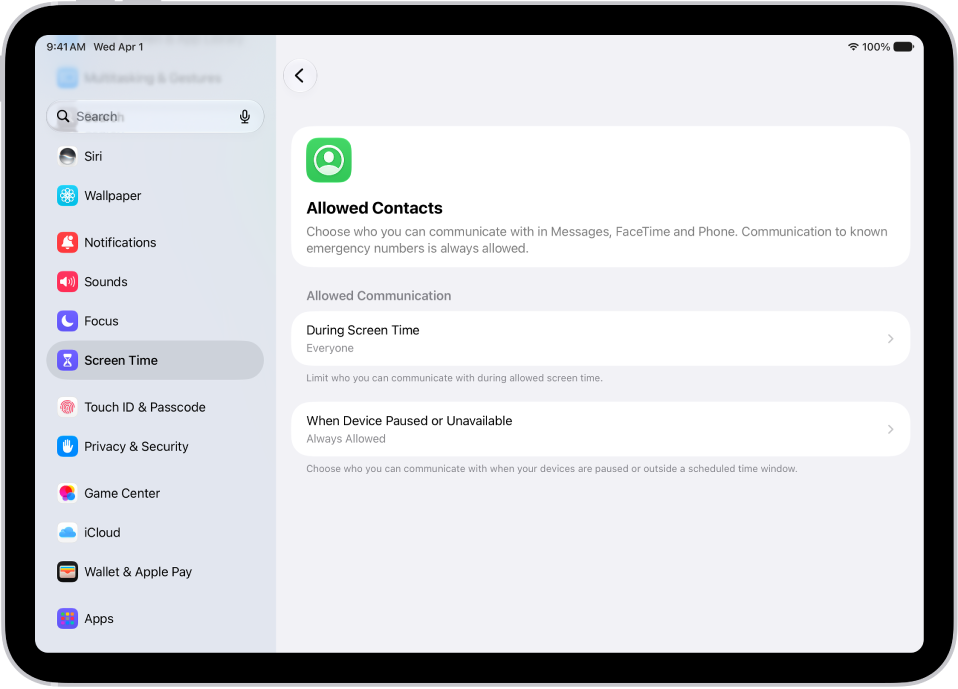The Allowed Contacts screen in Screen Time showing communication allowed during Screen Time and when devices are paused.