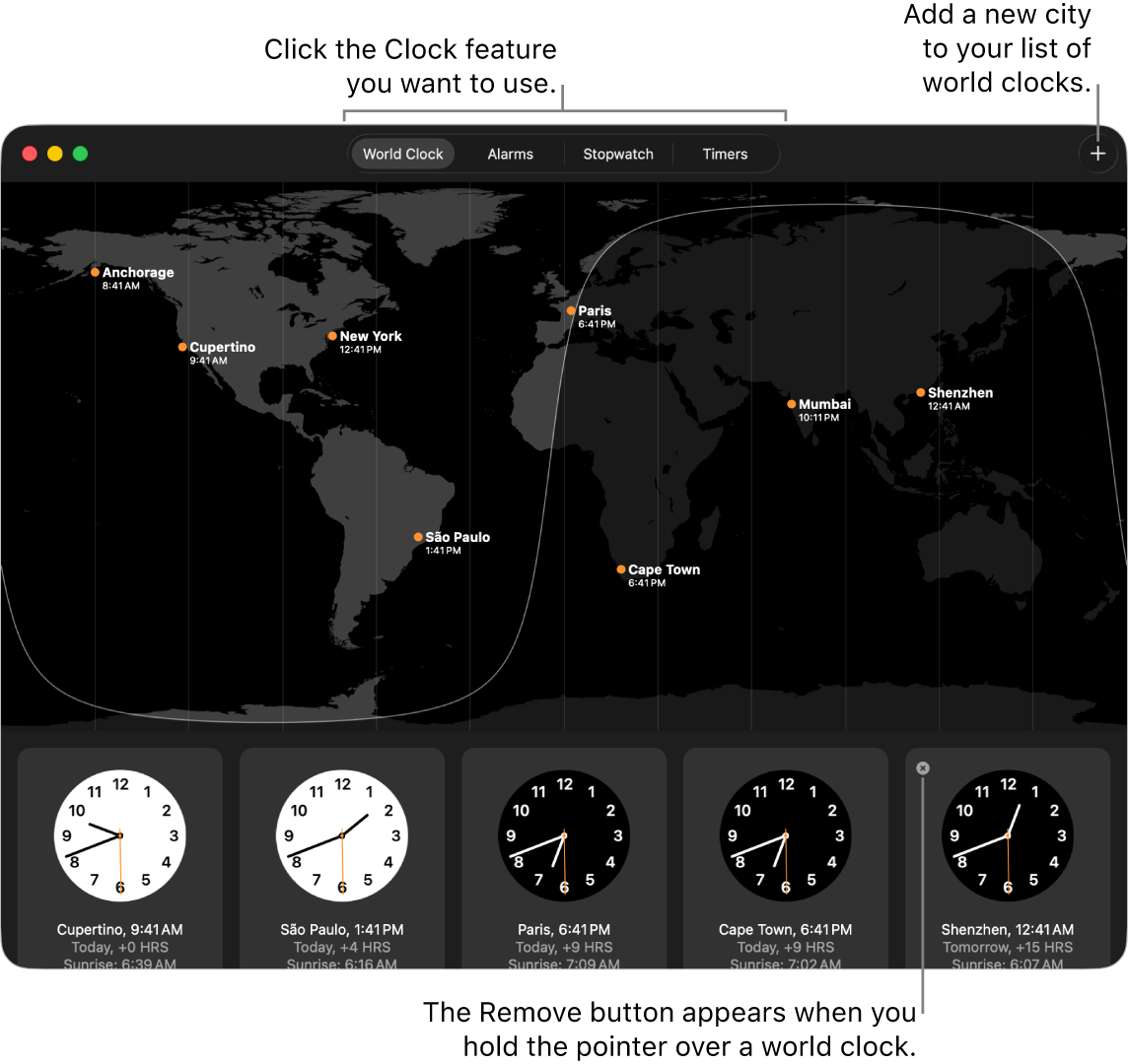 The World Clock pane of the Clock app, showing the local time, sunrise, and sunset in various cities around the world. Tabs along the top of the Clock window connect to other features. There’s an Add button at the top right to add a city.