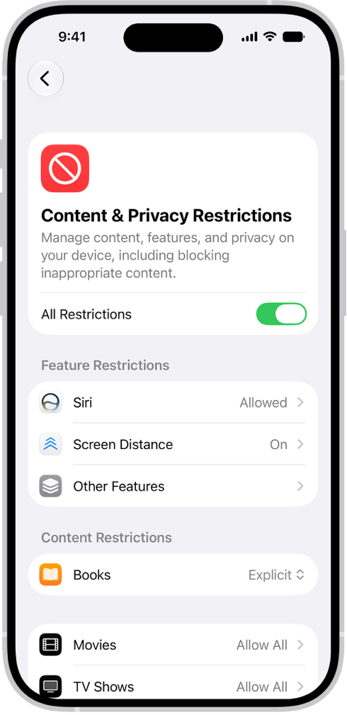 The Content and Privacy Restrictions screen in Screen Time settings, showing Feature and Content Restrictions for categories like Books, Movies, and TV Shows.