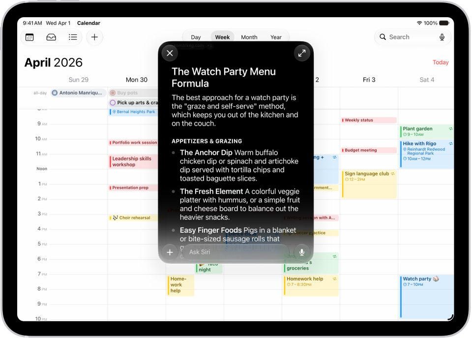 An iPad showing Siri answering a request to plan a menu based on a calendar event.