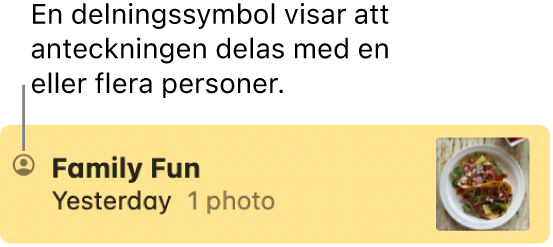 En anteckning som delades med andra i en konversation i Meddelanden med symbolen för att den är delad till vänster om anteckningens namn.