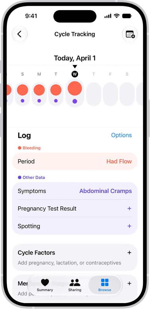 The Cycle Tracking screen showing the timeline for a week at the top of the screen. Solid red circles and purple dots mark the first 5 days on the timeline. Below the timeline are options to add information about periods, symptoms, and more.