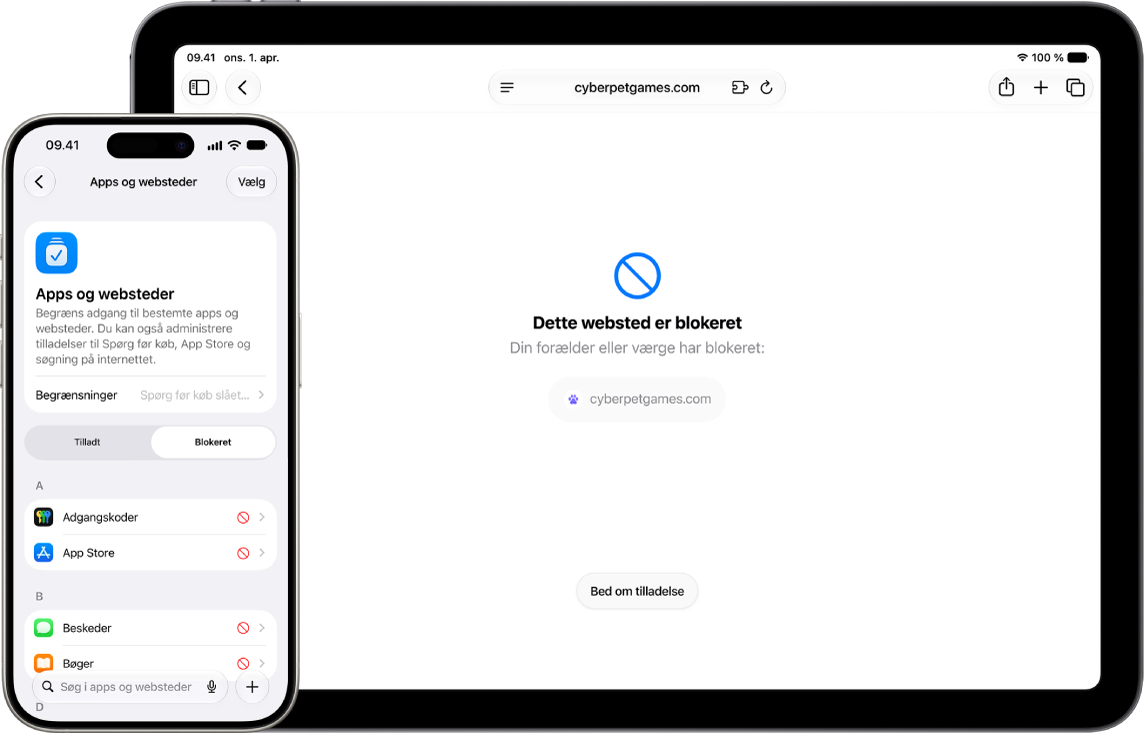 En forælders iPhone viser indstillingerne til Apps og websteder med en liste over blokerede websteder. Et barns iPad viser et blokeret websted i Safari.