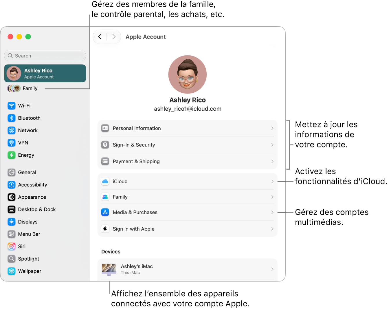 Les réglages du compte&nbsp;Apple dans Réglages&nbsp;Système avec des légendes pour la mise à jour des informations du compte, l’activation ou la désactivation des fonctionnalités iCloud, la gestion des comptes multimédias et la modification des réglages Famille, où vous pouvez gérer les membres de votre famille, le contrôle parental, les achats, et plus encore.