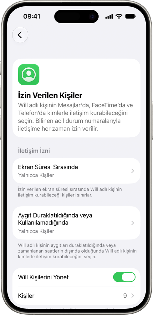 Ekran Süresi sırasında izin verilen iletişim, aygıtlar duraklatıldığında izin verilen iletişim ve kişi yönetimi seçeneklerinin gösterildiği, Ekran Süresi ayarlarındaki İzin Verilen Kişiler ekranı.