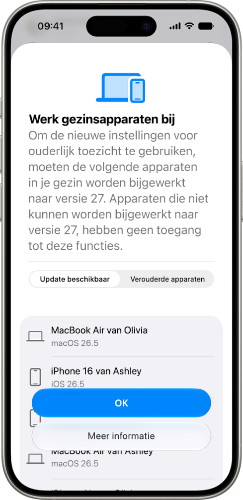 Het scherm 'Werk gezinsapparaten bij' met apparaten die moeten worden bijgewerkt en verouderde apparaten.