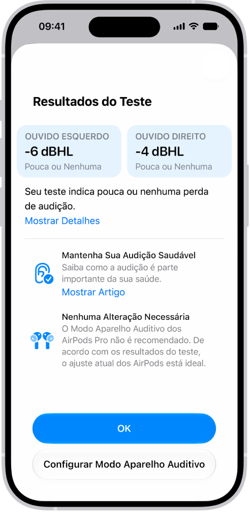 Resultados do Teste de Audição no iPhone mostrando pouca ou nenhuma perda auditiva em ambos os ouvidos. Na parte inferior encontram-se opções para tocar em OK ou configurar o modo Aparelho Auditivo.