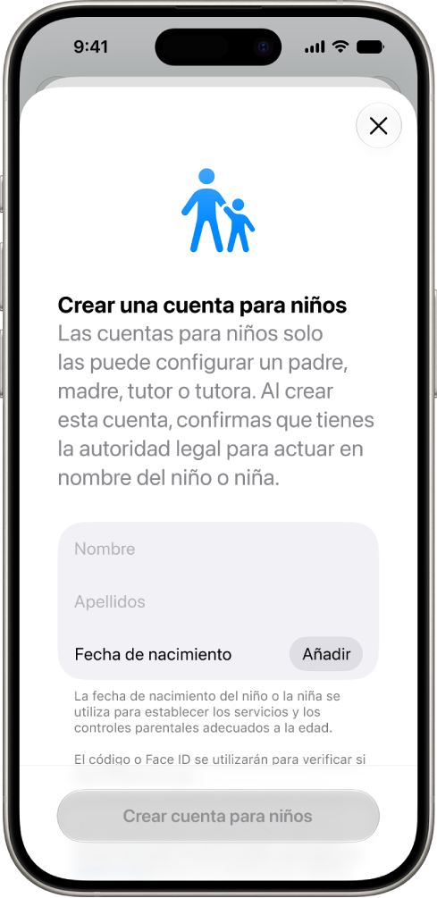 La pantalla “Crear cuenta para niños”, con opciones para añadir el nombre, los apellidos y la fecha de nacimiento.