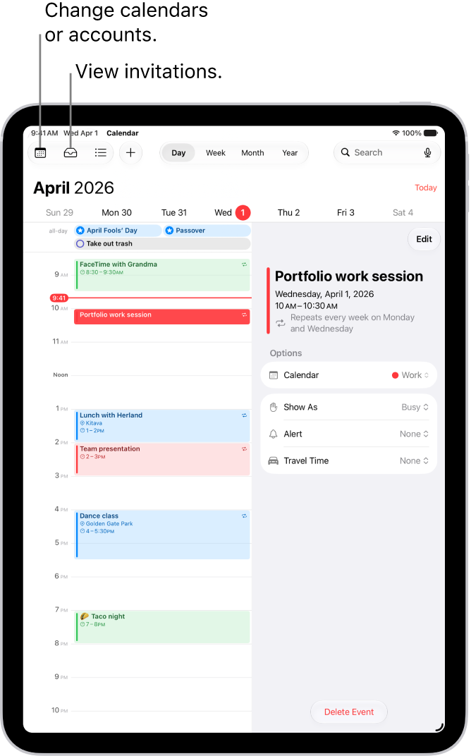 A calendar in Day view. The buttons at the top center let you change the view between Day, Week, Month, and Year. The Calendars button is at the top left of the screen, and the Inbox button is near the top left.