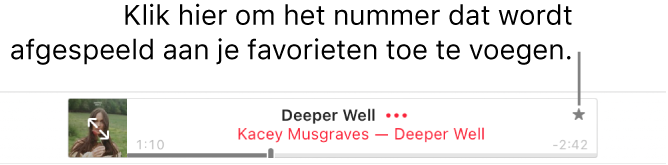 De bovenkant van de Apple Music-pagina waarin een nummer wordt afgespeeld. Klik op de knop 'Favorieten' rechts naast de titel van het nummer dat wordt afgespeeld om het als favoriet te markeren of minder van dit soort muziek voor te stellen.